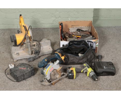 A good collection of assorted hand and power tools to include Dewalt circular saw, Ryobi drill, mallets, etc.  