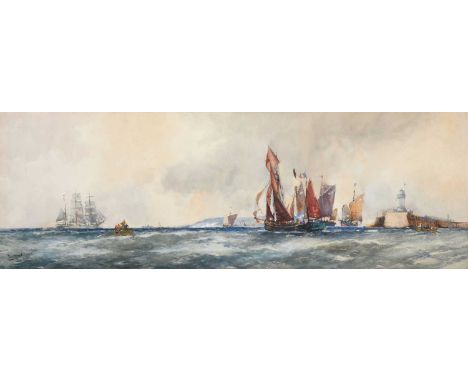 Frank Henry Mason RBA, RI, RSMA (1875-1965)Shipping beyond the pier, possibly WhitbySigned, watercolour, 25.5cm by 75cm