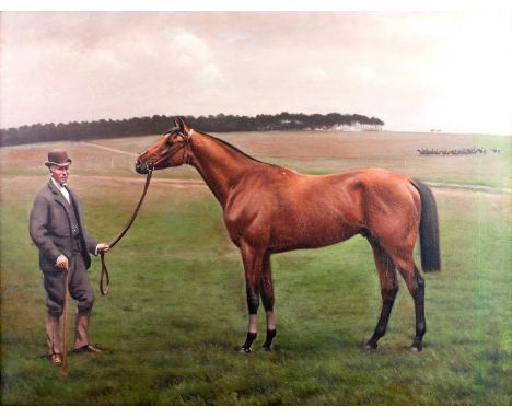 Frederick Mansfield Lutyens (1860-1924) Bay horse being held by a groom in a bowler hat  Signed and dated (18)92, oil on canv
