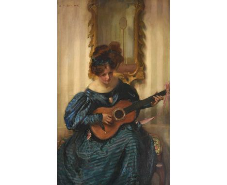 Walter Ernest Webster (1877-1959) Girl in a blue dress playing music Signed, oil on canvas, 112.5cm by 69.5cmWith likely indi