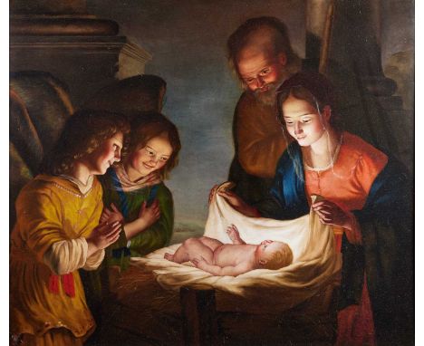 After Gerard van Honthorst (c.1619–1621) Adoration of the Christ Child Oil on canvas, 80cm by 93.5cm    In fully restored con