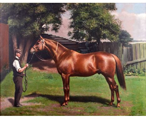Frederick Mansfield Lutyens (1860-1924) Playfair being held by a groom in a flat cap Signed and dated (18)92, oil on canvas, 