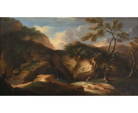 Circle of Herman van Swanevelt (1603-1655) Dutch  Soldiers at rest in a rocky landscape Oil on canvas, 66.5cm by 116cmOld rel