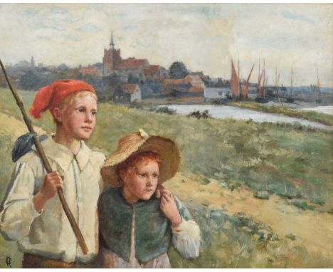 Matthew Ridley Corbet ARA (1850-1902) Travelling rustic boys before a village Monogrammed, signed to overlap canvas verso, oi