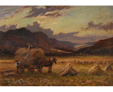 Ernest Higgins Rigg (1868-1947)Loaded hay cart and haymaking at sunset Signed, oil on canvas, 65cm by 90cm  Rectangular patch