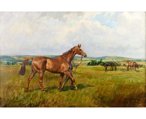 Lionel Dalhousie Robertson Edwards (1878-1966) Lady Electra being led by a groom Signed and dated 1944, oil on canvas, 49.5cm