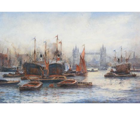 Frank (Frederick) William Scarborough (1860-1939) Tower Bridge, Pool of London Signed twice, watercolour, 34cm by 52cmProvena