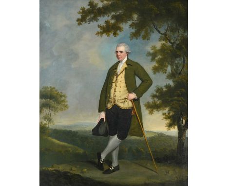 Attributed to Hugh Barron (c.1746–1791) Portrait of Mr Peter Galhee, full length standing in a landscape, wearing a powdered 