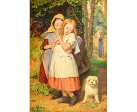 Edward Thompson Davis (1833-1867)"Girls, frightened by a dog" (Study) Initialled, oil on board, 34.5cm by 24cmA larger versio