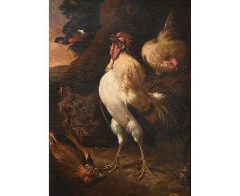 Follower of Melchior de Hondecoeter (1636-1695) Dutch Crowing cockerel in a rocky landscape with other birdsOil on canvas, 70