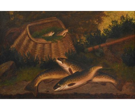A. Roland Knight (1879-1921) The day's catch, trout, creel and rod on the river bankSigned, oil on canvas, 34.5cm by 52cmIn r