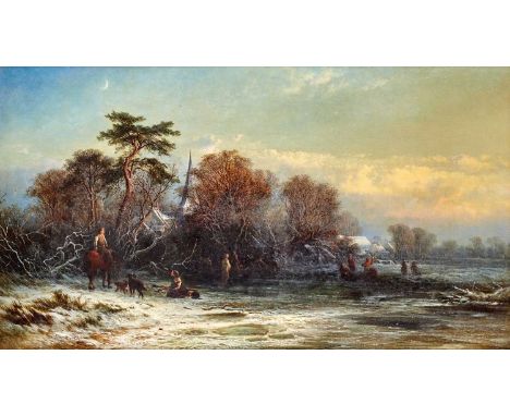 George Augustus Williams (1814-1901)Snow-bound river landscape with figures at duskInitialled, oil on canvas, 59.5cm by 105.5