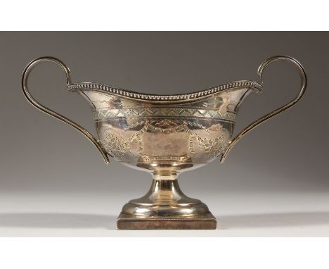 A VICTORIAN TWO-HANDLED PEDESTAL SUGAR BASIN with engraved decoration. Birmingham 1896.