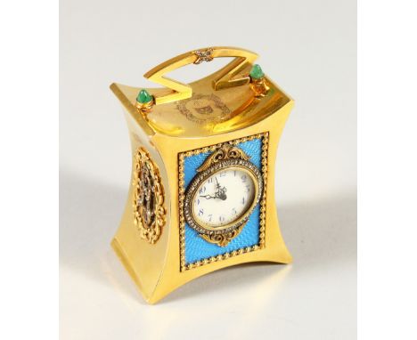 A VERY GOOD RUSSIAN GOLD AND ENAMEL DECORATED MINIATURE CLOCK, with a circular dial, diamond set bezel on a blue guilloche en