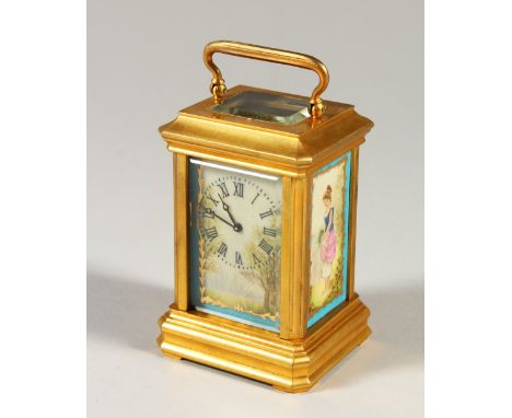 A MINIATURE BRASS CARRIAGE CLOCK, with Sevres style panels. 9cms high.