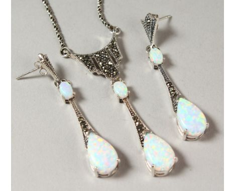 A SILVER MARCASITE AND OPAL NECKLACE AND EARRINGS.