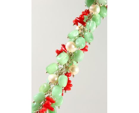 A SILVER, JADE, CORAL AND PEARL BRACELET.