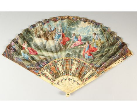 A LOUIS XVTH CARVED AND PAINTED IVORY FAN painted with classical scenes. Provenance: J. DUVELLEROY LTD, LONDON, in a box.