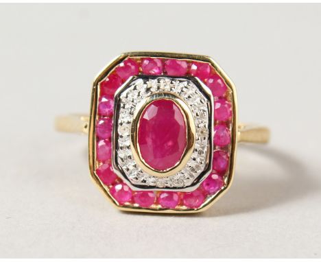 A 9CT GOLD DECO STYLE RUBY AND DIAMOND RING.