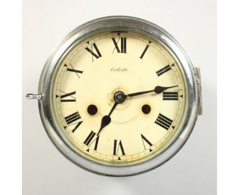 AN EARLY 20TH CENTURY NICKEL PLATED CIRCULAR WALL CLOCK, chiming on the hour, cream enamel dial with Roman numerals. 20.5cms 