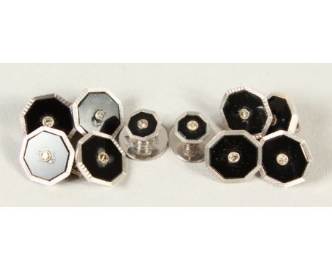  A SET OF 9CT GOLD, DIAMOND AND ENAMEL CUFFLINKS AND DRESS STUDS.