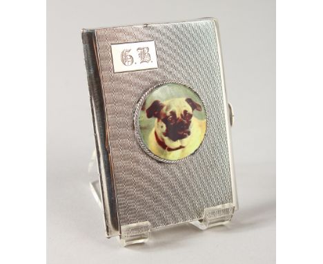 AN ENGINE TURNED CIGARETTE CASE, Birmingham 1927, with an enamel of a pug dog.