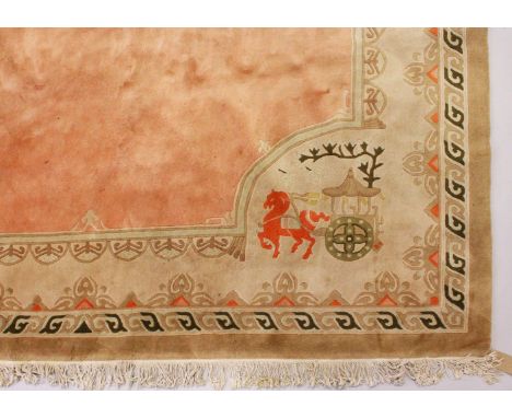 A LARGE CHINESE CARPET, plain salmon ground, the borders having horse and chariot motifs to each corner. 3.25m x 2.25m.