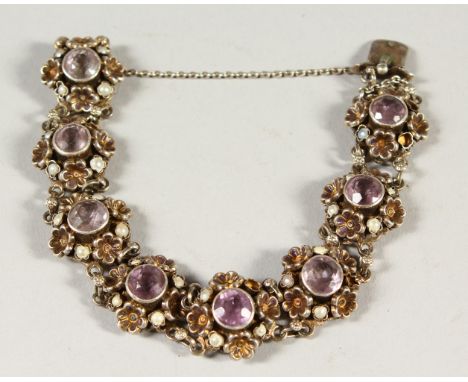 A SILVER, AMETHYST AND PEARL BRACELET. 15cms long.