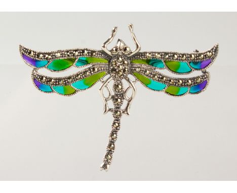 A SILVER PLIQUE ENAMEL AND MARCASITE DRAGONFLY BROOCH.