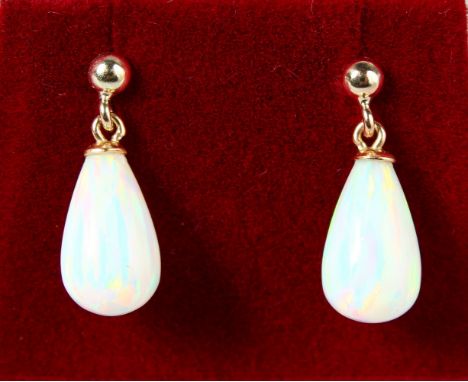 A PAIR OF 9CT GOLD AND GILSON OPAL DROP EARRINGS.