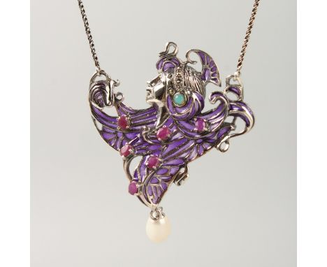 A SILVER DECO STYLE RUBY SET NECKLACE.