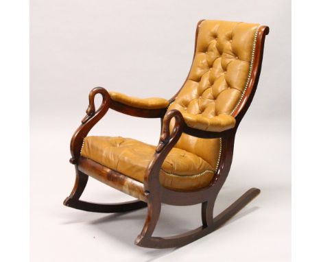 A 19TH CENTURY MAHOGANY AND LEATHER UPHOLSTERED ROCKING CHAIR, the arms with swan neck terminals, button upholstered back, se