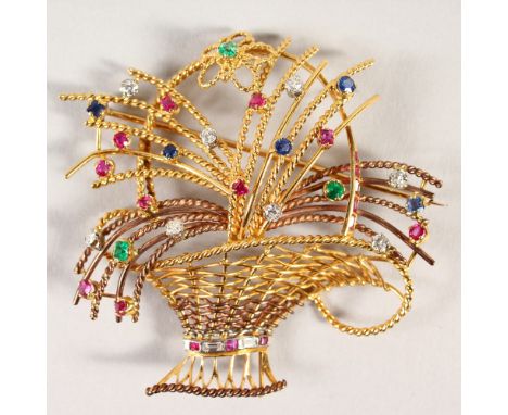 A VERY GOOD DIAMOND, RUBY AND SAPPHIRE BASKET BROOCH.