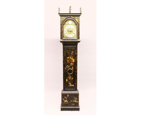 A GEORGE III CHINOISERIE  DECORATED BLACK LACQUER LONGCASE CLOCK, by William Kipling, London, with eight day movement, arch s