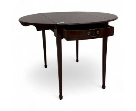 Early 19th century mahogany Pembroke side table, with drop-leaf top and bowed frieze fitted with brass handled drawer, raised