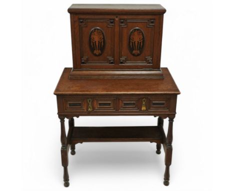 Late 19th to early 20th century Bonheur de Jour or writing bureau, the upper section enclosed by fall front decorated with ge