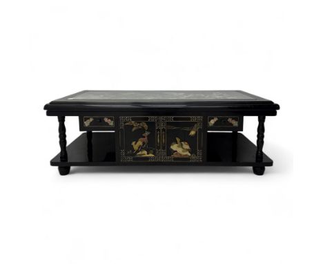 Late 20th century Japanese Shibayama style lacquer coffee table, rectangular top with inset glass enclosing raised decoration