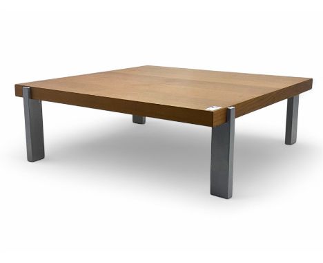 BoConcept - contemporary walnut coffee table, square top with clean lines and minimalistic design, supported by silver brush 