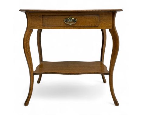 19th century oak side table, single frieze drawer with shaped brass handle, cabriole supports united by undertierDimensions: 