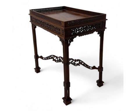 20th century Chinese Chippendale design mahogany fretwork silver table, rectangular top with pierced fretwork gallery and fri
