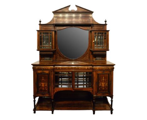 Victorian hardwood and inlaid mirrored side cabinet, the upper section with broken pediment crest over a frieze inlaid with s
