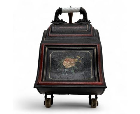 Late 19th century Victorian toleware coal scuttle, black japanned tin body of serpentine form hand painted with floral sprays