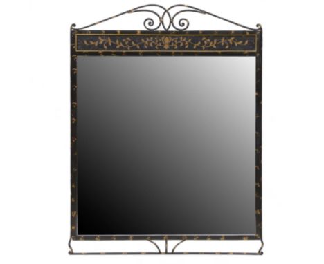 Late 20th century decorative overmantel mirror, black painted wrought iron frame with gilt foliate and vine motifs, bevel edg