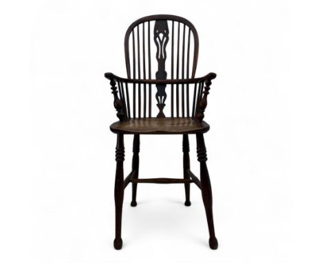 19th-century high-backed elm and yew Windsor chair of unusually tall proportions, bow top rail with pierced back splat flanke