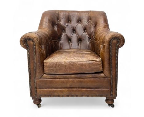 Timothy Oulton for Halo - Contemporary leather armchair, deep buttoned back and arms with hand-applied studwork, loose seat c