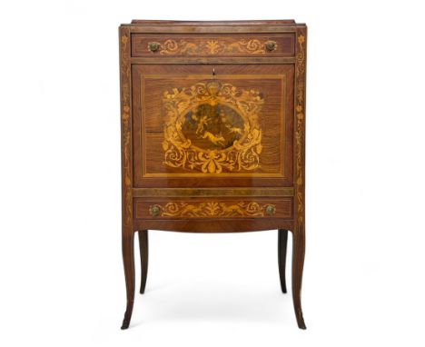 Early 20th century Louis XV style marquetry fall-front drinks cabinet with crossbanded and satinwood inlay, the hinged front 
