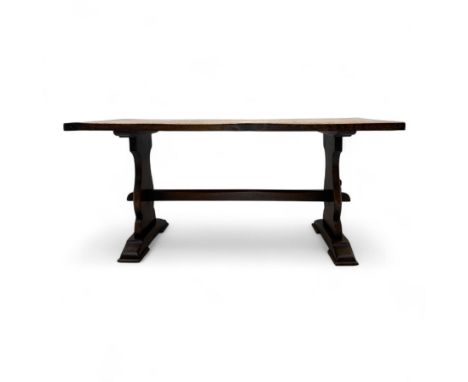 17th-century design oak refectory table, rectangular plank constructed top above a trestle-style support united by a single s