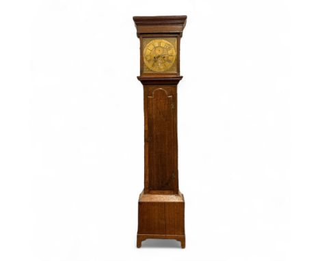 T. Travis- mid-18th century 8-day oak longcase clock, with a flat pediment, broad cornice and frieze beneath,  square hood do