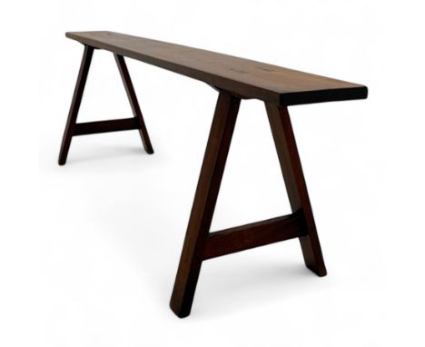 Early 20th-century Arts and Crafts style cherry wood single plank bench on A-frame trestle supports Dimensions: Height:&nbsp;