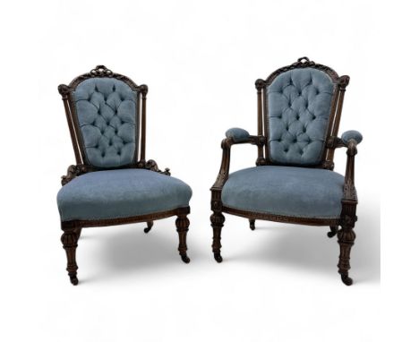 Matching Victorian walnut parlour armchair and open chair, carved arched top rail, with button velvet upholstered cushion bac